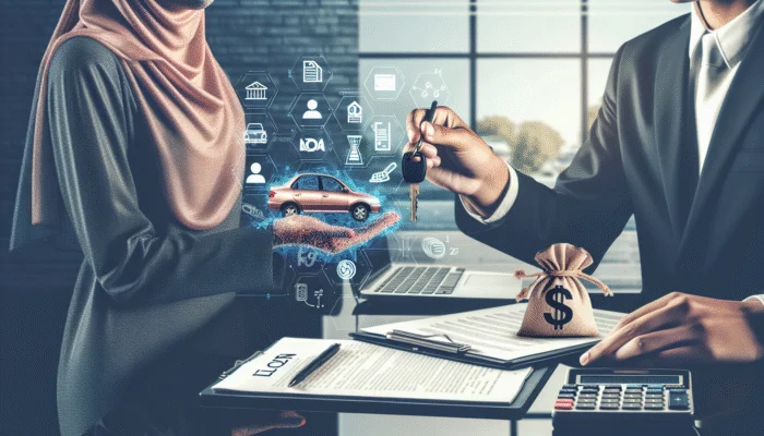 Borrower hands over car keys as collateral in a modern bank office for a secured loan.