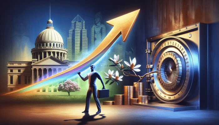Person in Mississippi with key next to graph showing rising credit score, secure vault in background.