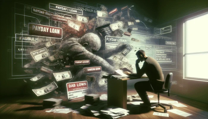 Person anxiously reviewing financial documents amidst payday loan ads, shadowed by debt stress.