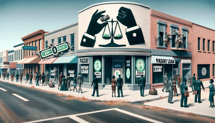 A busy Mississippi street with payday loan shops, distressed people, and advocacy posters for stricter lending regulations.