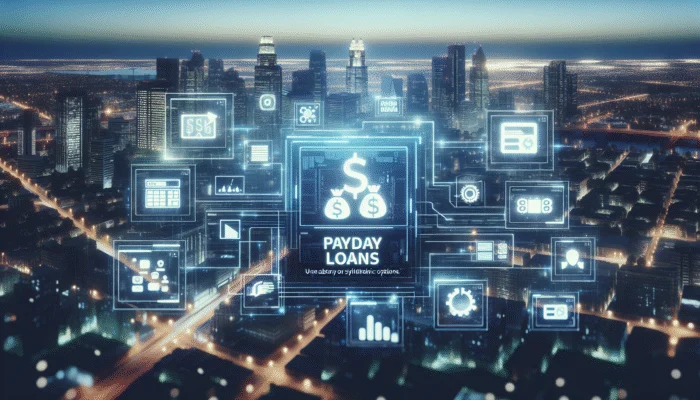 A modern digital interface showing loan options, emphasizing payday loans, against a nighttime cityscape.