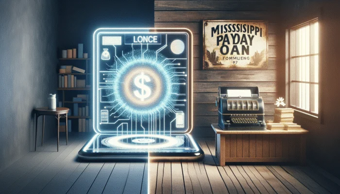 A digital loan interface contrasted with a traditional Mississippi payday loan office, showing digital lending's impact.