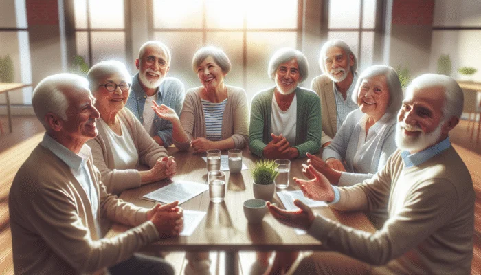 A diverse group of seniors discussing social security benefits at a community center table.