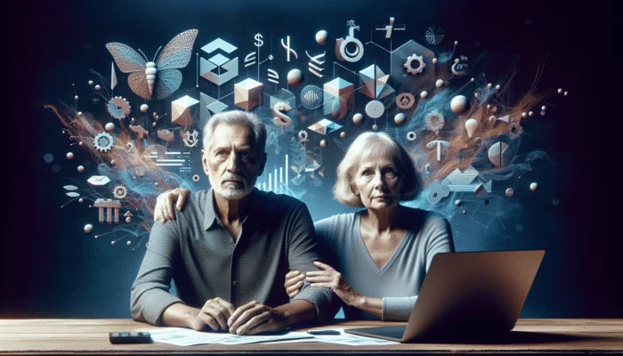 Elderly couple reviewing finances and tax forms at kitchen table, looking concerned yet hopeful.