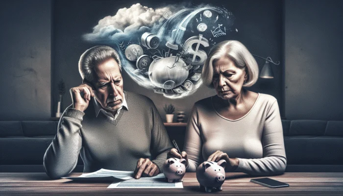 Elderly Mississippi couple reviewing budget, concerned about inflation and unexpected expenses, with impact graphs.