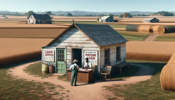 A farmer discussing a payday loan at a small, weathered loan office in a rural setting.