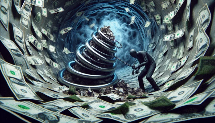 Person trapped in a spiral of cash and chains, symbolizing payday loan risks, with looming legal documents and distress.