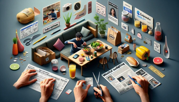 Person cutting subscriptions, cooking at home, using public transport, and shopping with coupons in a cozy home.