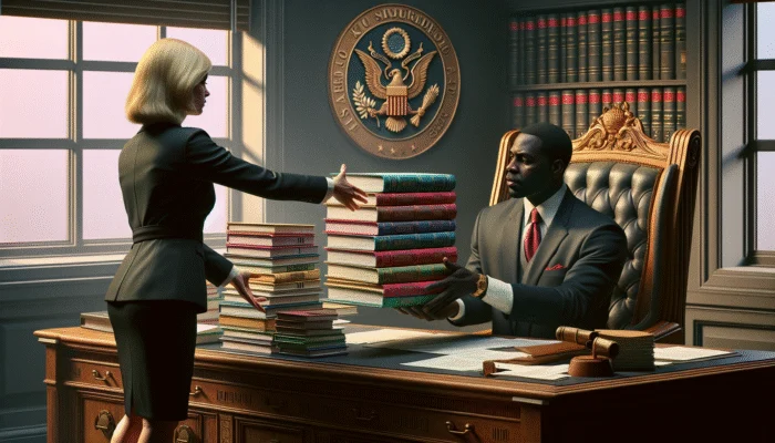 Person submitting financial documents and business plan to a regulatory official in an office, with state law books.
