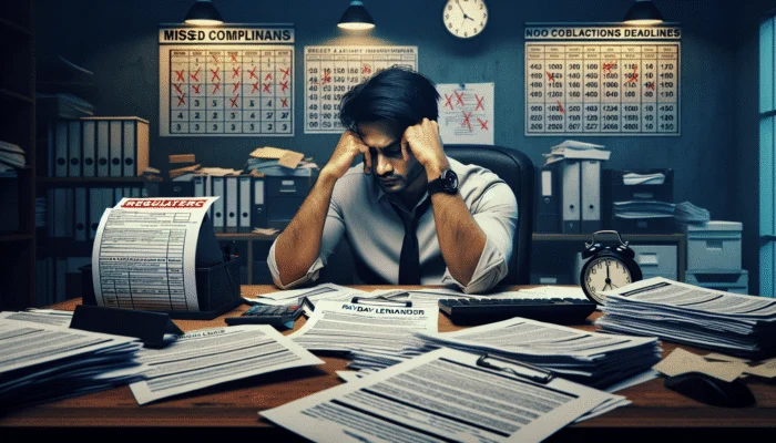 A stressed payday lender amidst overdue documents and a calendar showing missed compliance deadlines in a cluttered office.