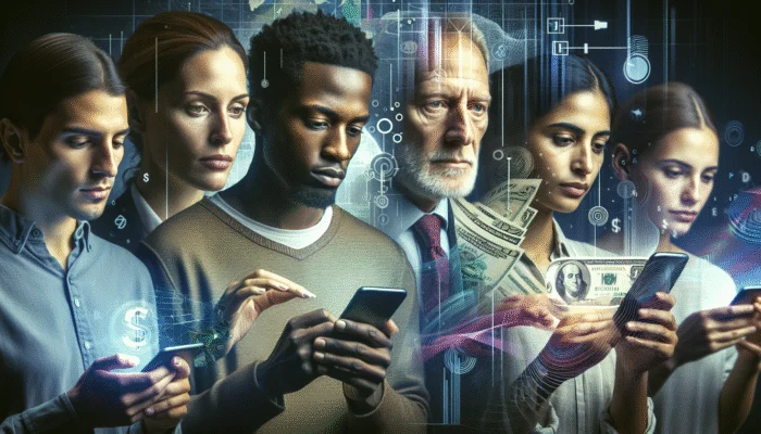 Diverse group using financial apps on smartphones with US currency and graphs in background.