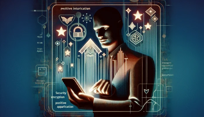 Person using a sleek, intuitive financial app on smartphone, surrounded by security symbols and positive reviews, with growth charts.
