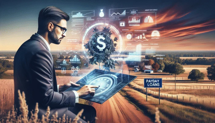 Businessman analyzing financial documents and calendar in rural Mississippi, with 'Payday Loans' sign at sunset.
