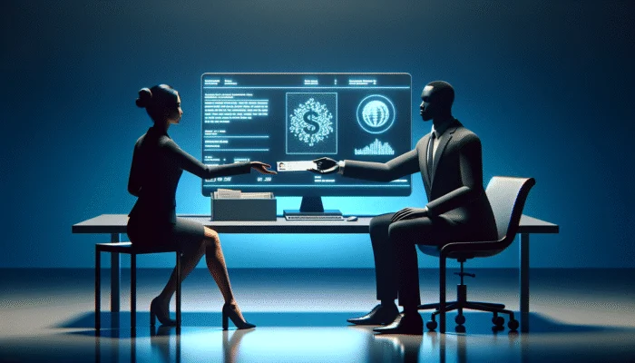 Person submitting pay stubs and ID to lender at desk, bank account on computer screen.