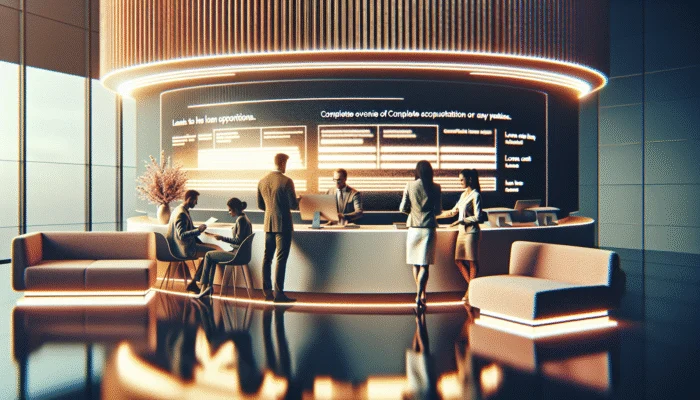 Modern credit union lobby with clients reviewing loan documents at a sleek desk, digital screen showing loan options.