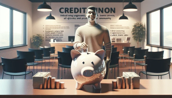 Person saving money in a 'Credit Union' piggy bank, community center backdrop, symbolizing lower rates and personalized service.