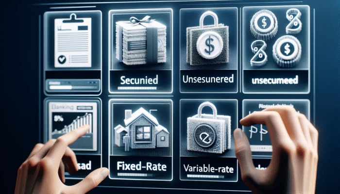 Diverse personal loans on modern banking interface: secured, unsecured, fixed-rate, variable-rate, with icons and interest rate graphs.