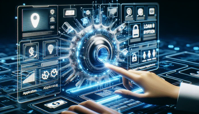 AI-enhanced loan application system with futuristic interface, real-time data streams, and automated approval process.