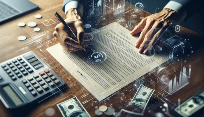 Hand holding contract with "Mississippi Payday Loan Limits" text, cash and calculator on desk.