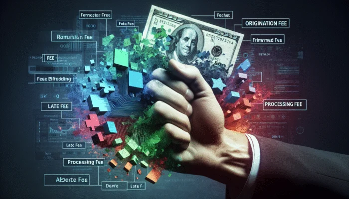 A hand holding a $500 bill with tags labeled 'Origination Fee', 'Processing Fee', and 'Late Fee' reducing the loan amount.