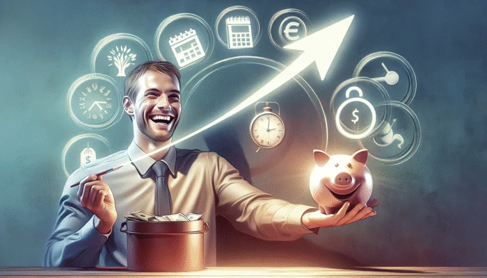 Person celebrating rising credit score, with symbols of financial responsibility.