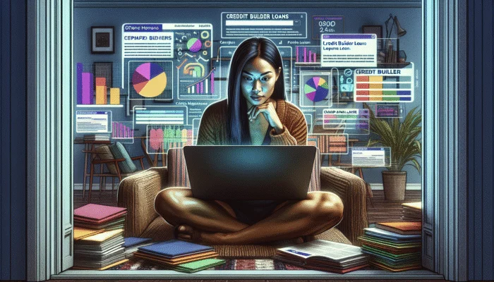 A person in Mississippi thoughtfully comparing credit builder loans on a laptop in a cozy home office.