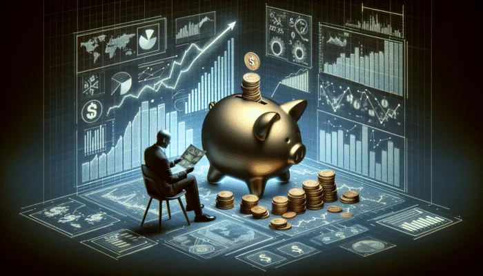 A person reviewing financial charts with a secure, overflowing piggy bank against economic graphs.