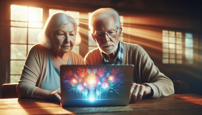 Elderly Mississippi couple reviewing credit report on laptop, with graphs and alerts.