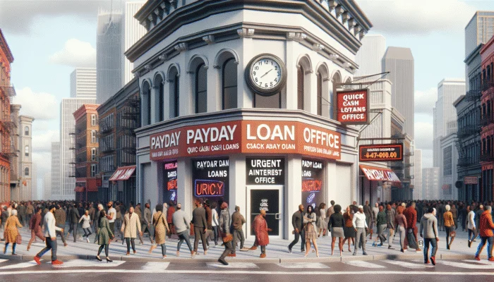 Diverse group in city, stressed at payday loan office with quick cash and high interest signs, cloudy sky.