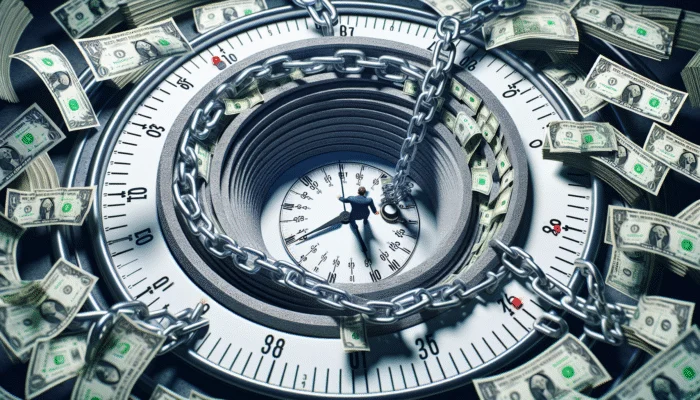 A person trapped in a vortex of cash and chains, symbolizing payday loan debt cycle, with a ticking clock.