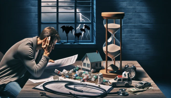 Person in dimly lit room, stressed over financial documents, urgent bills, considering payday loan.