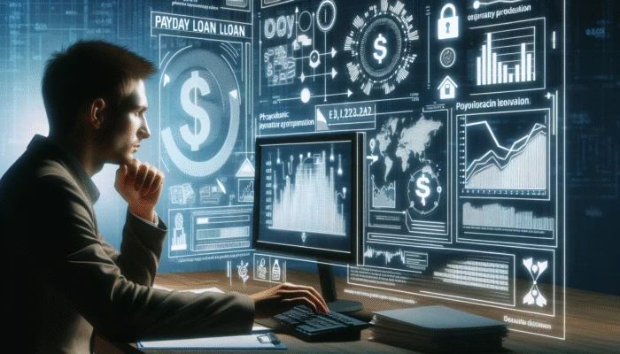 A person using a computer to compare payday loan options with graphs and financial charts.