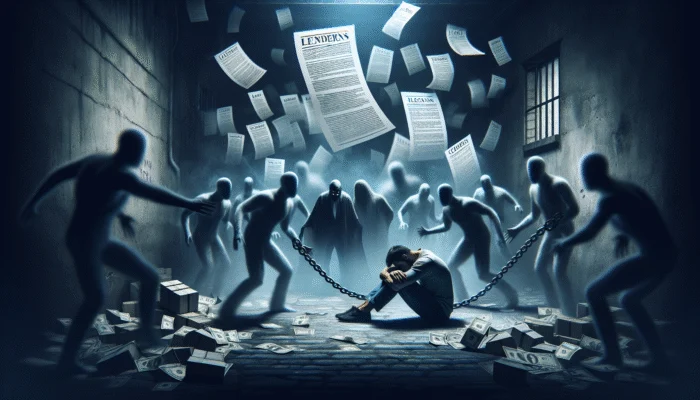 A distressed person in a dark alley surrounded by menacing figures, chains, and legal documents, symbolizing the consequences of using illegal lenders.