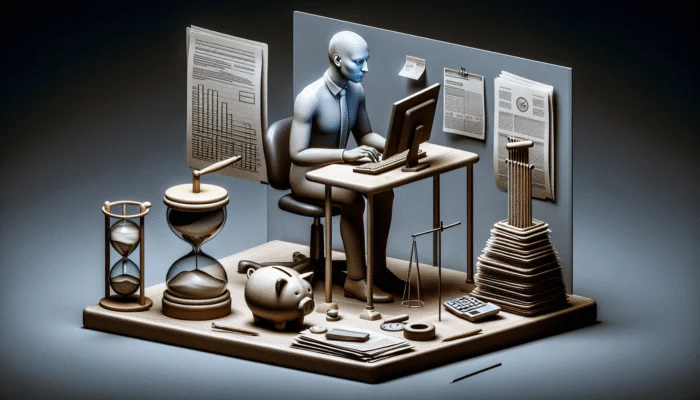 A person using a computer with legal documents and a budget planner to protect against illegal payday loans.