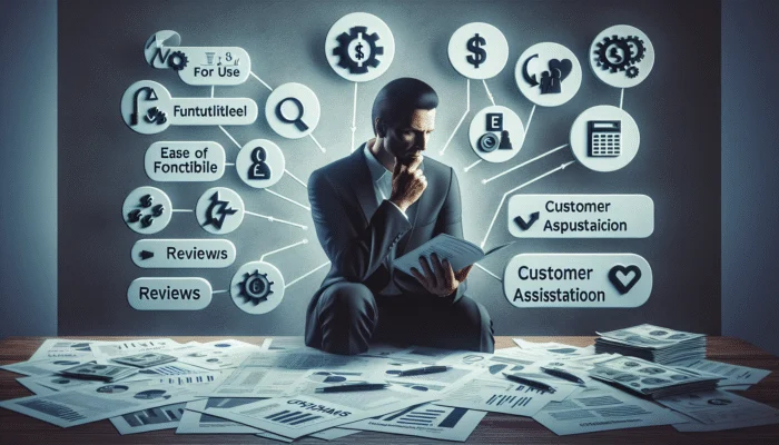 Person selecting budgeting tool, surrounded by icons for ease, features, cost, compatibility, support, reviews, customization, with financial documents.