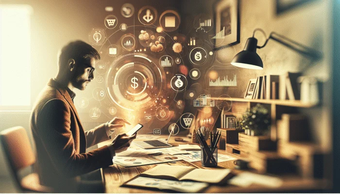 A person using a budgeting app on a smartphone to categorize expenses and income, with financial charts, in a home office.