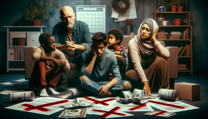 A distressed American family amidst bills and a calendar with due dates in a dimly lit, cluttered living room.