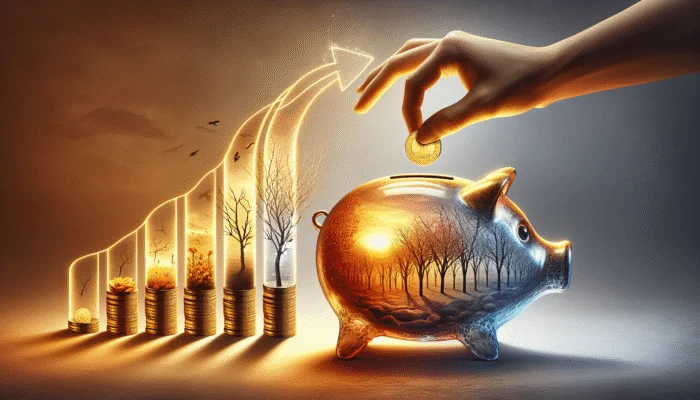 Person adding coins to 'Emergency Fund' piggy bank, with financial charts and savings growth calendar.