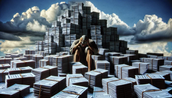 A distressed person trapped in a cycle of debt with towering loan agreements and compounding interest rates.