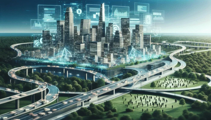 Futuristic cityscape with digital screens showing new regulations lowering payday loan rates, symbolizing consumer protection.