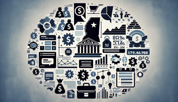 Infographic showing Mississippi's payday loan regulations with maps, legal texts, and financial symbols.