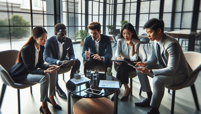 Diverse group collaborating in office to implement Mississippi's new payday loan laws, focusing on compliance.