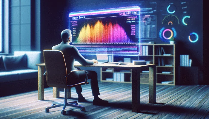 Person at desk viewing credit score graph on computer, surrounded by credit monitoring service logos.
