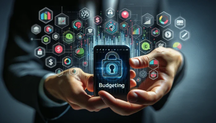 A person using a smartphone to compare budget apps, with app icons, financial charts, and a security lock, against banking logos.