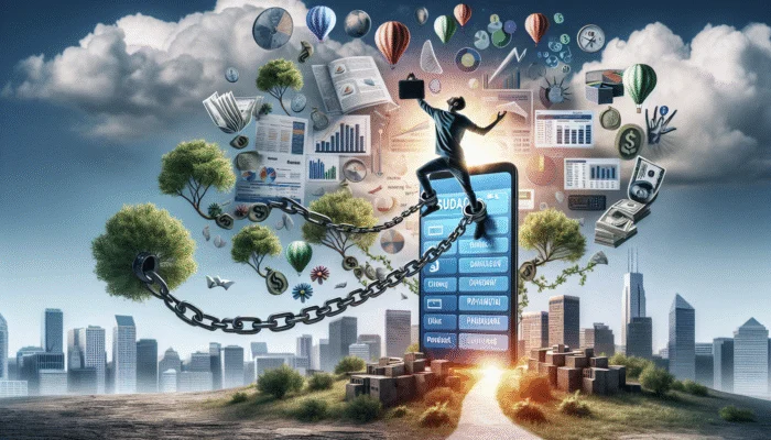 A person using a smartphone with a budget app to break free from payday loan chains, symbolizing financial freedom in an urban setting.
