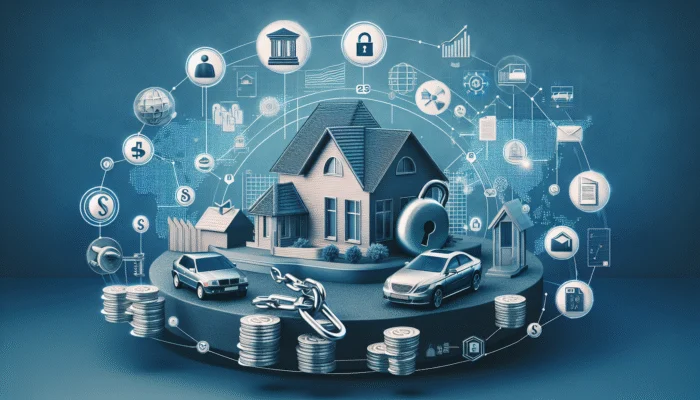 Infographic showing secured loans with house, car, bank icons, locks, chains, financial graphs, legal documents.