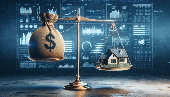 A scale balancing a $150,000 loan and a $200,000 home, showing a 75% LTV ratio, with financial charts.