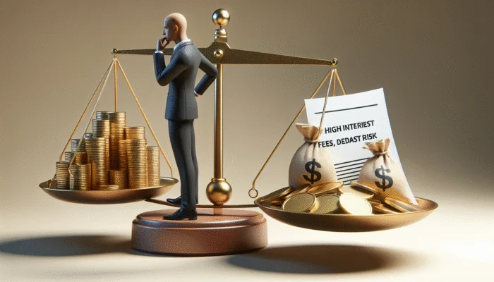 A person balancing money against documents labeled "high interest, fees, default risk" on a scale, considering an installment loan.