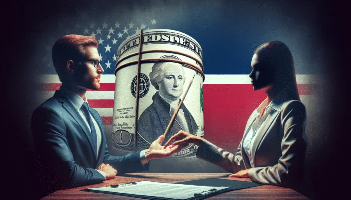 Person negotiating loan fees with lender, using documents as leverage, in office with Mississippi flag.