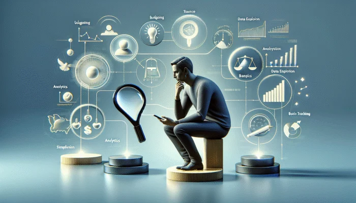 A person choosing a financial tool from options labeled "budgeting", "analytics", "basic tracking" on a modern interface.